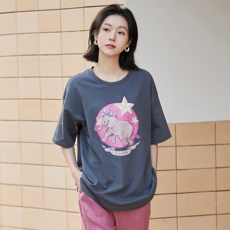 风笛2025夏季新款简约复古棉质卡通趣味印花短袖T恤宽松上衣女
