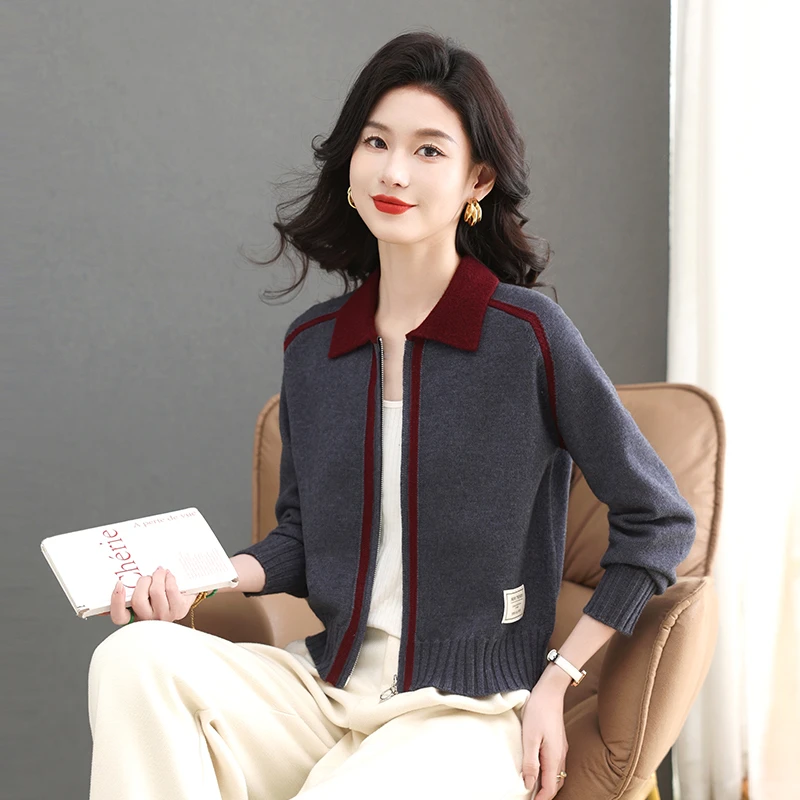 品牌春装新款拉链开衫上衣女长袖翻领针织衫外搭毛衣短款休闲外套