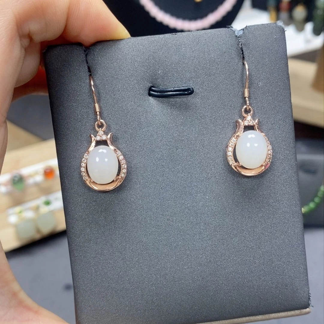 和田玉耳饰银S925镶嵌Cs