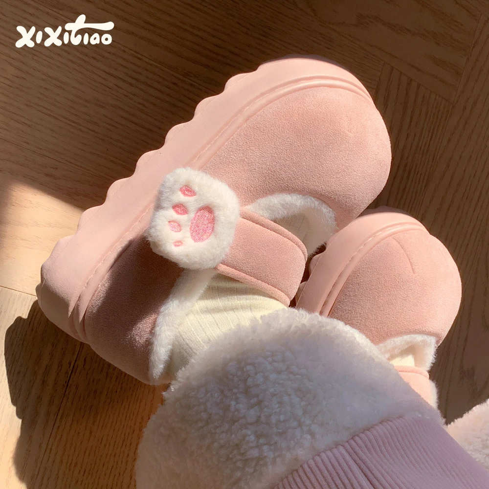 细细条 ins风户外百搭冬季可爱猫爪魔术贴棉鞋女生加绒保暖豆豆鞋