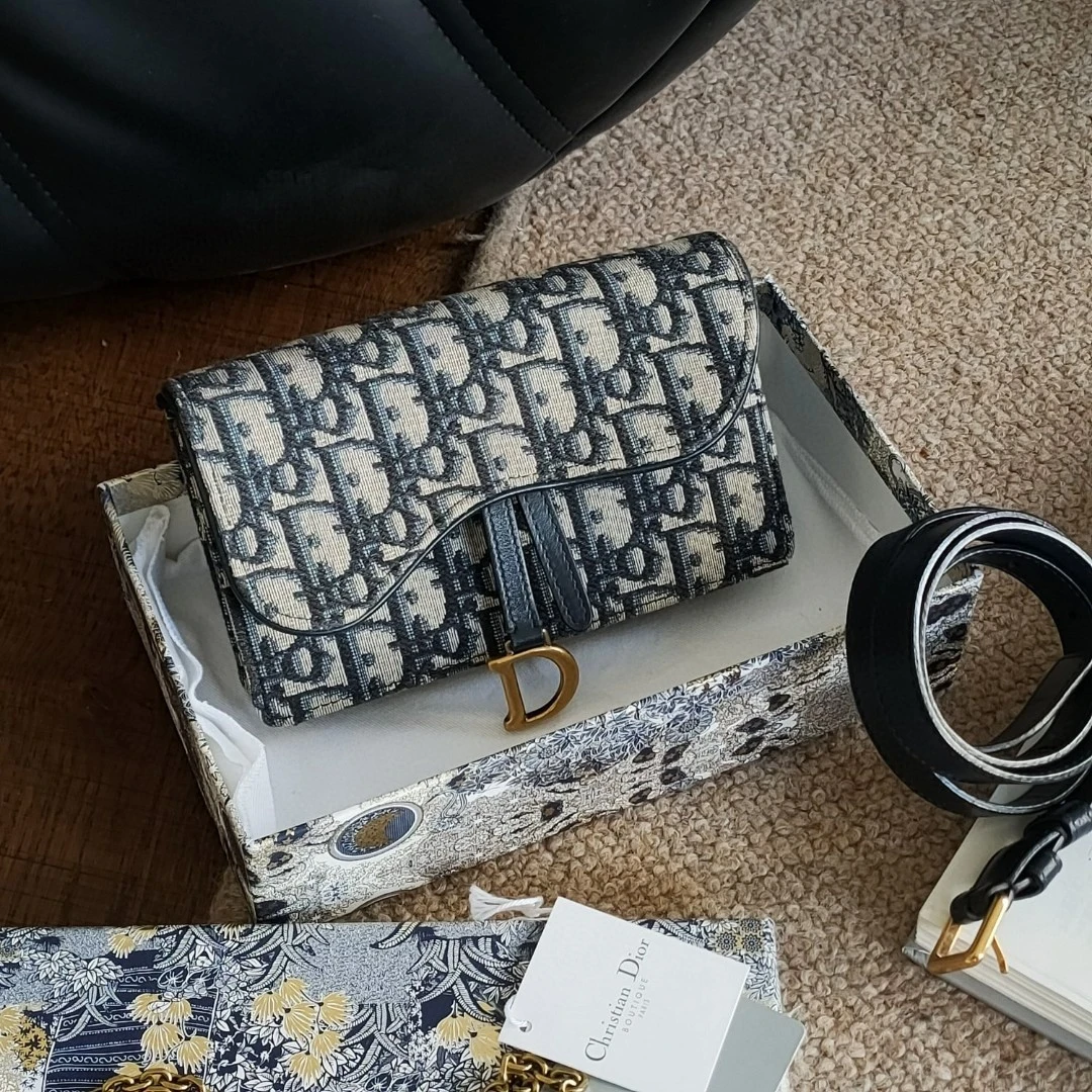 95新 DIOR/迪奥 Azul - 蓝色布面老花马鞍woc mini腰包 37144