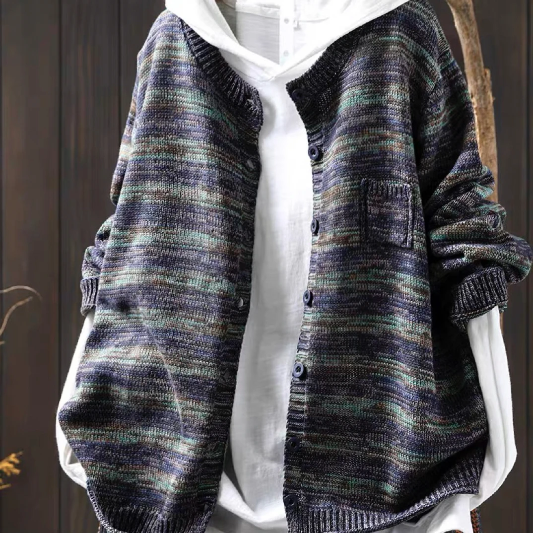 【正版】彩线混织棉线针织开衫外套女式宽松显瘦秋款复古休闲开衫