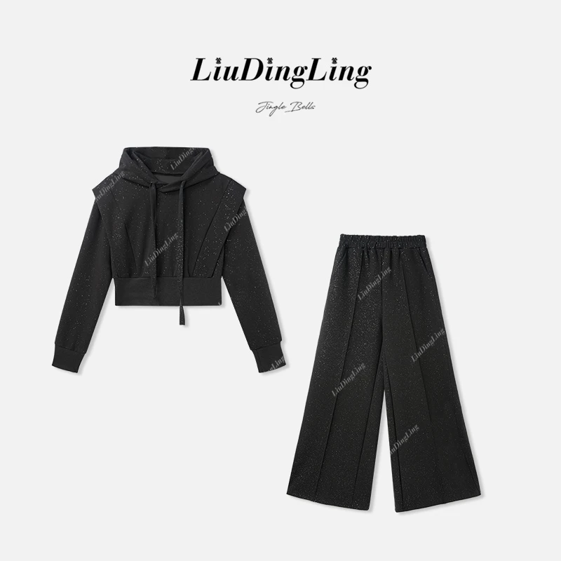黑色高级感短款连帽卫衣女25春秋新款加厚显瘦休闲裤两件套1462