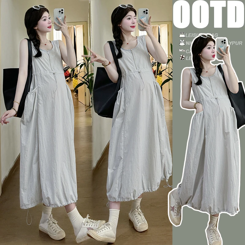 产前产后速干花苞裙无袖背心裙2025夏季大码可哺乳孕妇连衣裙长裙