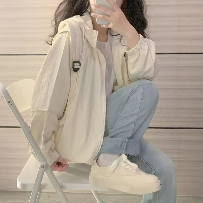 女大童防晒服外套2025新款夏季薄款中大童学生白色防晒衣连帽开衫