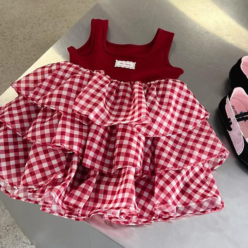 女童复古格子拼接连衣裙夏季2025新款小女孩蛋糕裙公主甜美背心裙