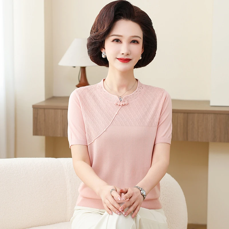 新中式洋气妈妈装夏装冰丝短袖t恤新款2025中老年国风针织小衫薄