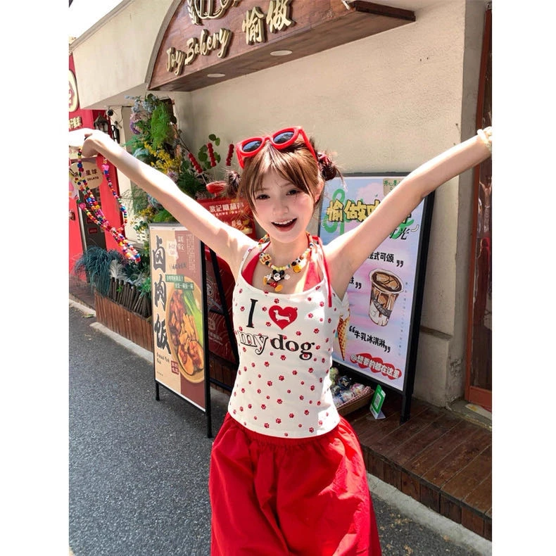 【带杯垫】假两件美式辣妹爱心狗爪满印字母印花无袖背心潮
