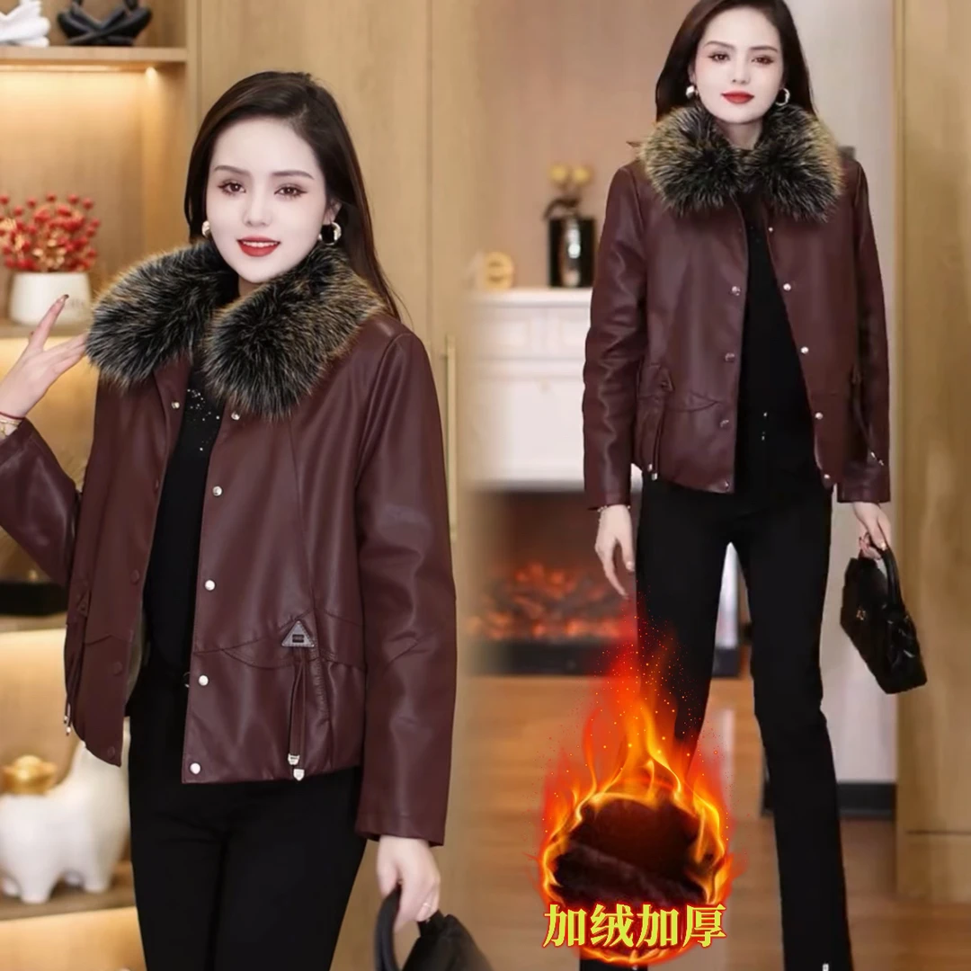 加绒加厚短款皮衣女2025冬季新款洋气显瘦大毛领保暖PU皮夹克外套