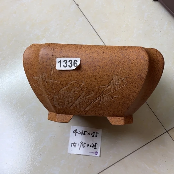 紫砂花盆  柴烧竹刻切角窝口四方1336