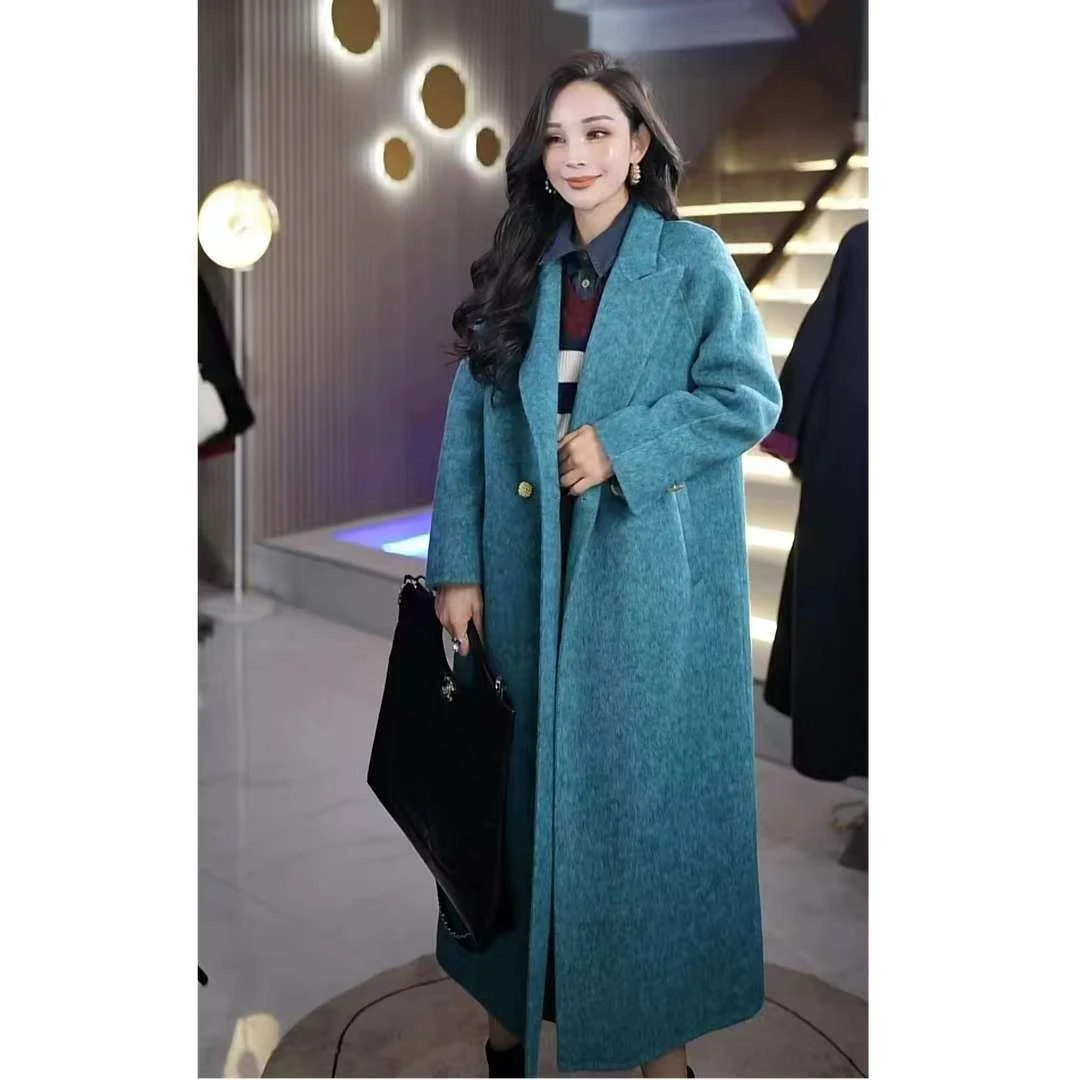 冬季高端定制款时尚气质百搭孔雀蓝长款大衣-W98230