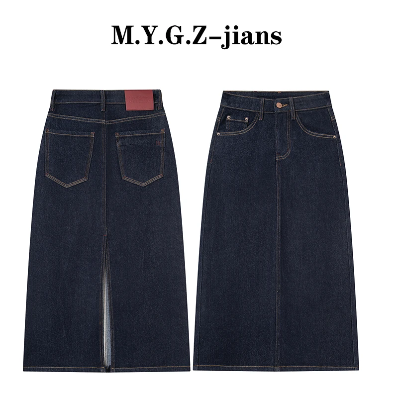 丹宁蓝开叉牛仔半身裙女2025秋季新款小个子显瘦高腰a字包臀裙子