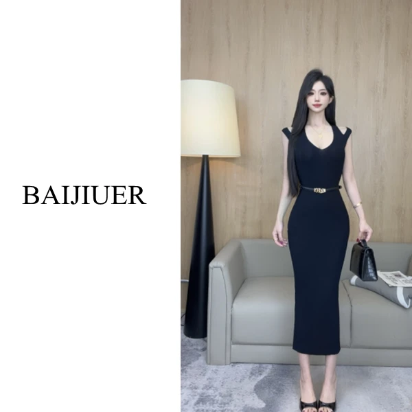【BAIJIUER】大女主气质V领冰感针织裙绝美纯色显瘦修身包臀长裙