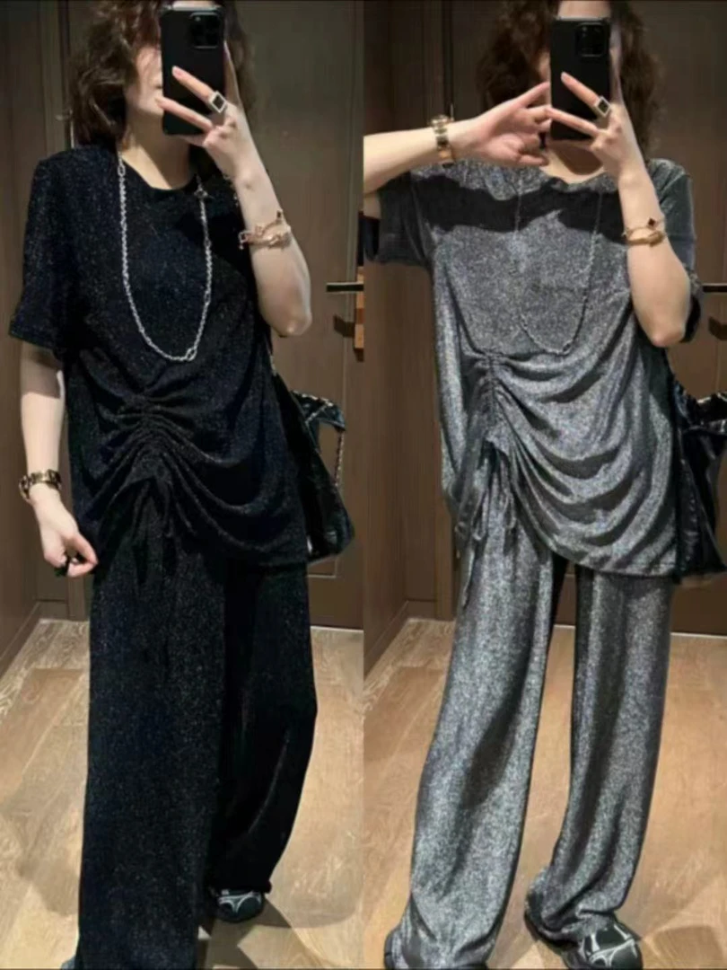 2025欧货圆领正肩半袖单侧抽绳褶皱撒星上衣+阔腿长裤两件套2508