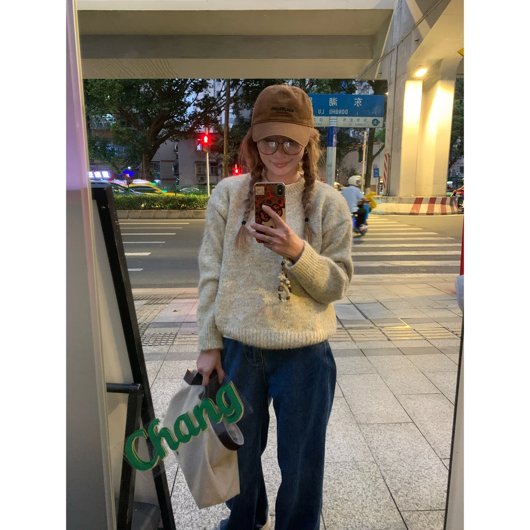 ONNI套头针织圆领混色花纱女宽松慵懒风外穿毛衣保暖上衣#916