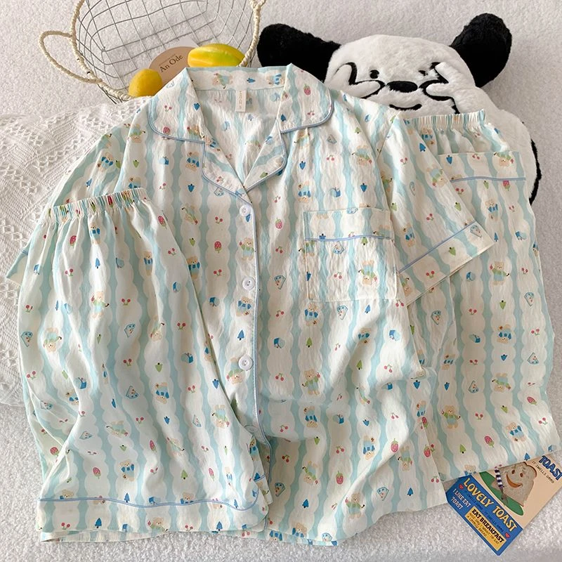 三件套樱桃小熊睡衣女夏季短袖短裤可爱卡通云朵棉夏天家居服套装