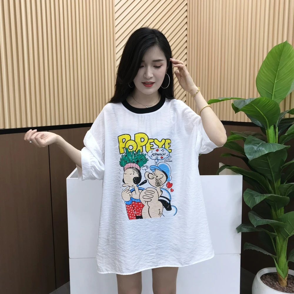 亚麻卡通大力水手印花撞色领口七分袖T恤女夏季新款百搭休闲上衣