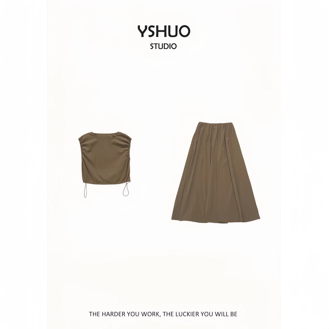 【摩卡套装】气质高级抽绳无袖背心上衣松紧腰半裙两件套8615