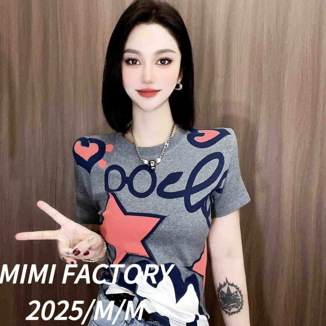 芈芈 2025新款短袖 欧货创意满印短袖T恤女时尚修身显瘦上衣