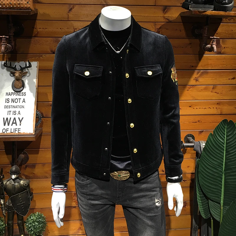 FANCBUDY欧洲站春秋男士夹克时尚新款灯芯绒刺绣百搭帅气翻领外套