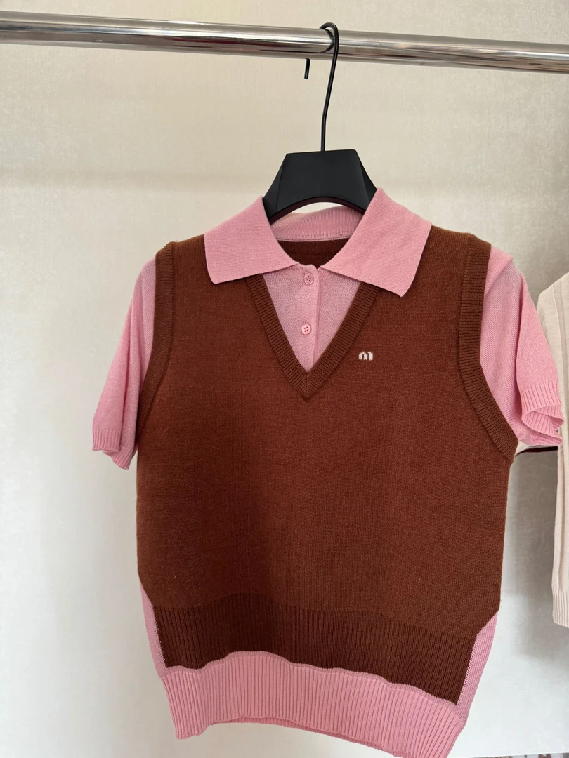 毛针织衫套头款短袖通勤时尚学院风拼接纯色假两件