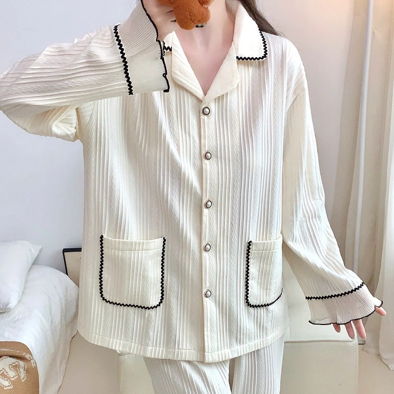 春秋睡衣女提花棉长袖翻领纽扣简约白色宽松中国风宿舍小香风居家