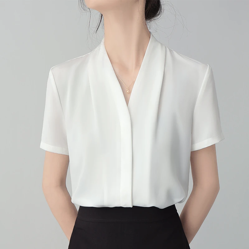 白色V领短袖衬衫女夏季新款高级感职业装面试正装工作服雪纺衬衣