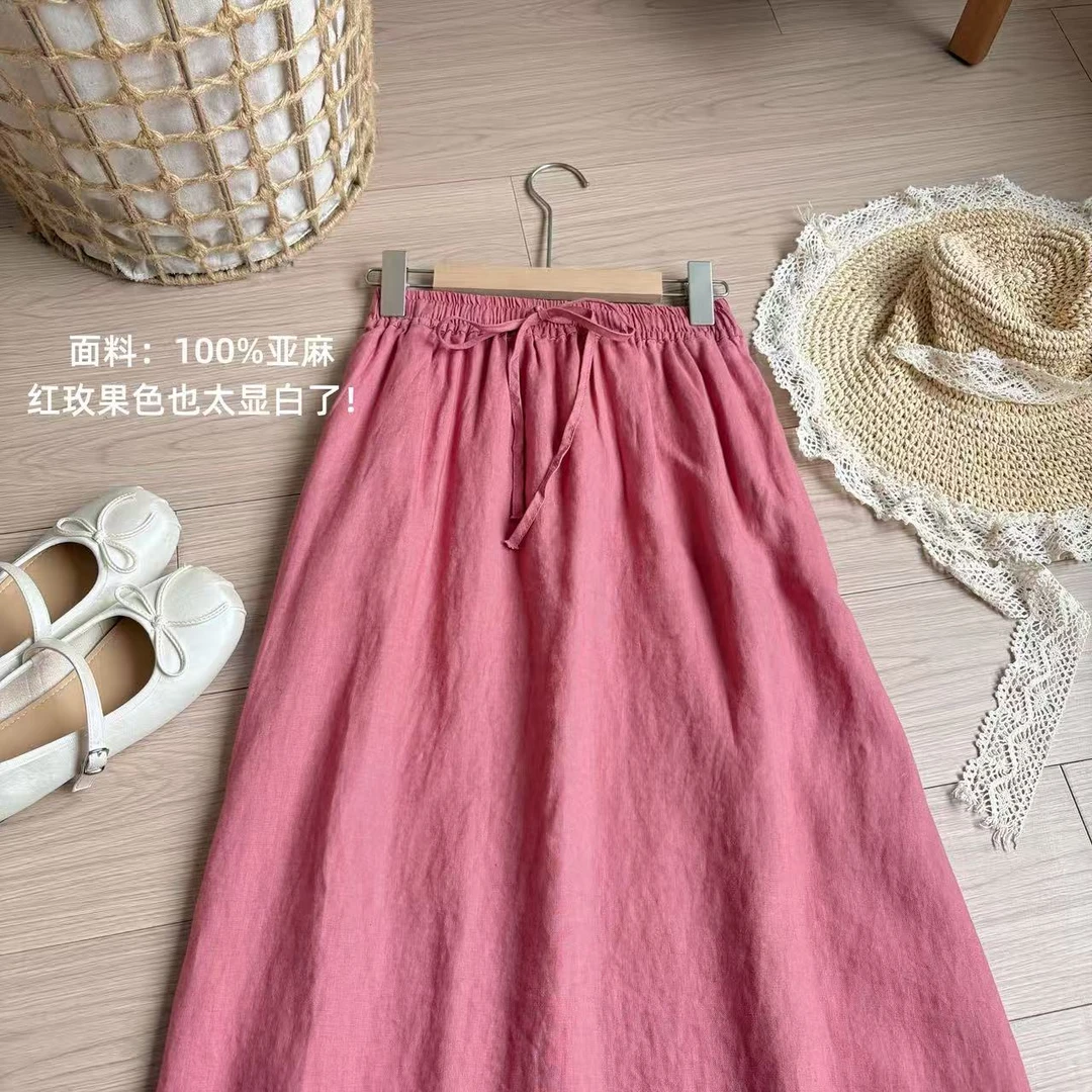 A0625-法式文艺复古亚麻半身裙超温柔夏季显白松紧腰A字裙