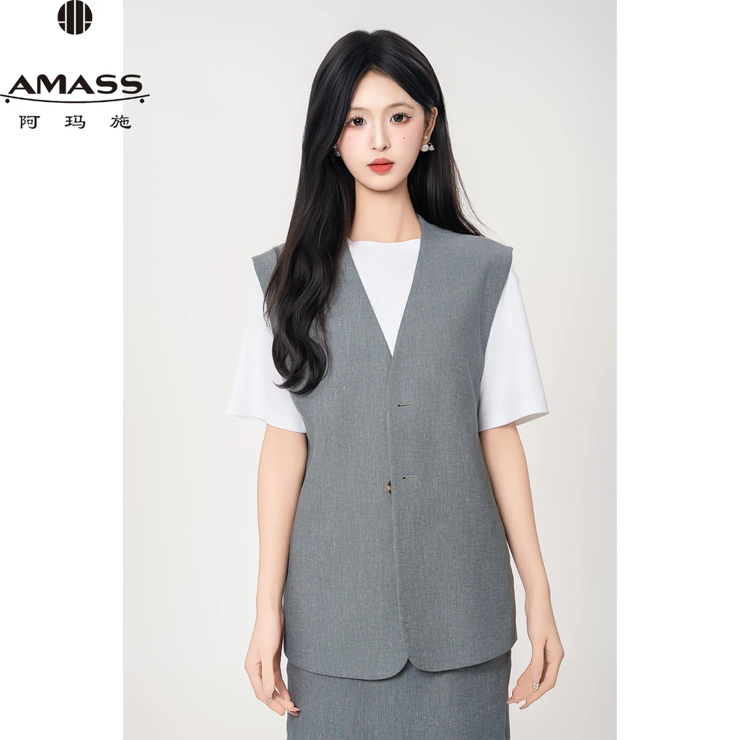 AMASS/阿玛施春夏女士时尚复古气质休闲宽复古棕色女士钉珠马甲