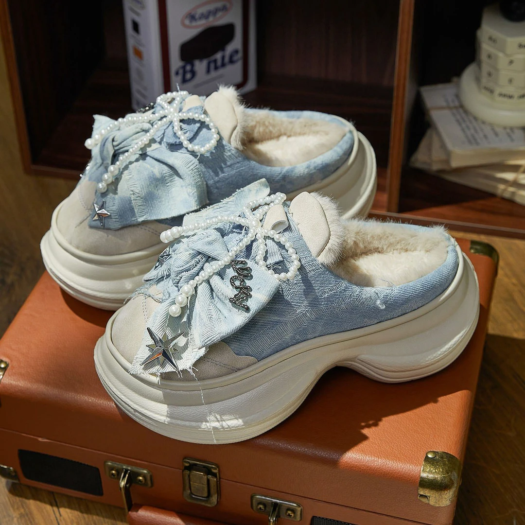 棉拖鞋女厚底冬季新款时尚蝴蝶结防滑轻便外穿增高跟保暖毛毛拖鞋