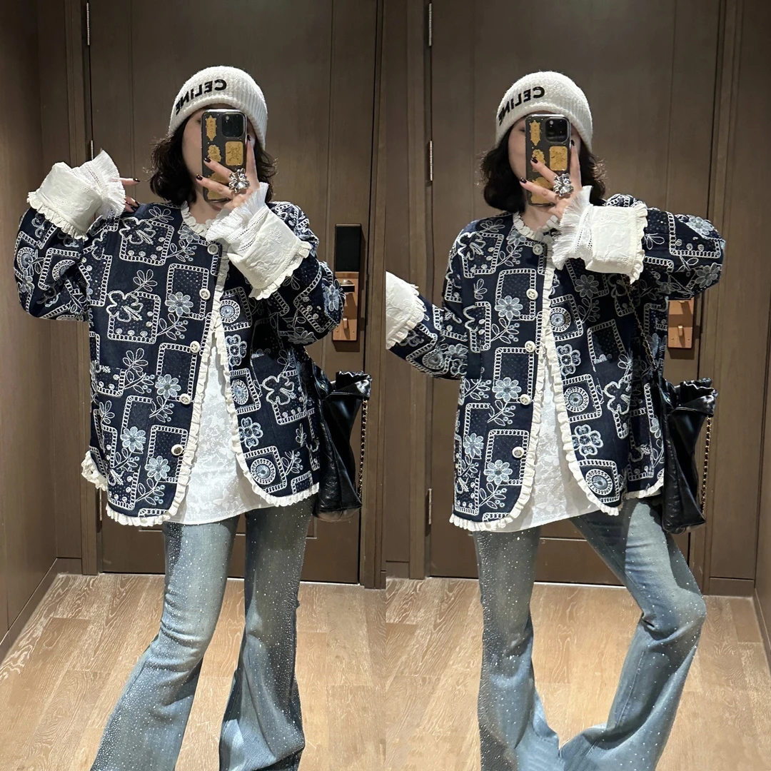 YDFSTUDIO小众【青花瓷】欧货早春重磅刺绣花朵设计高品百搭外套