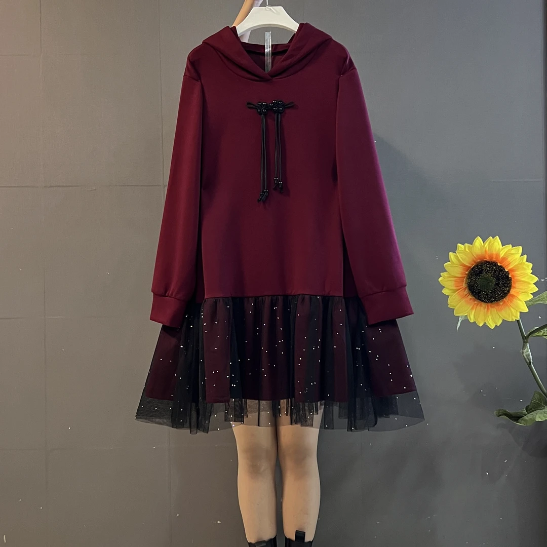 新中式改良版时尚复古网纱拼接连帽盘扣显瘦遮肚连衣裙