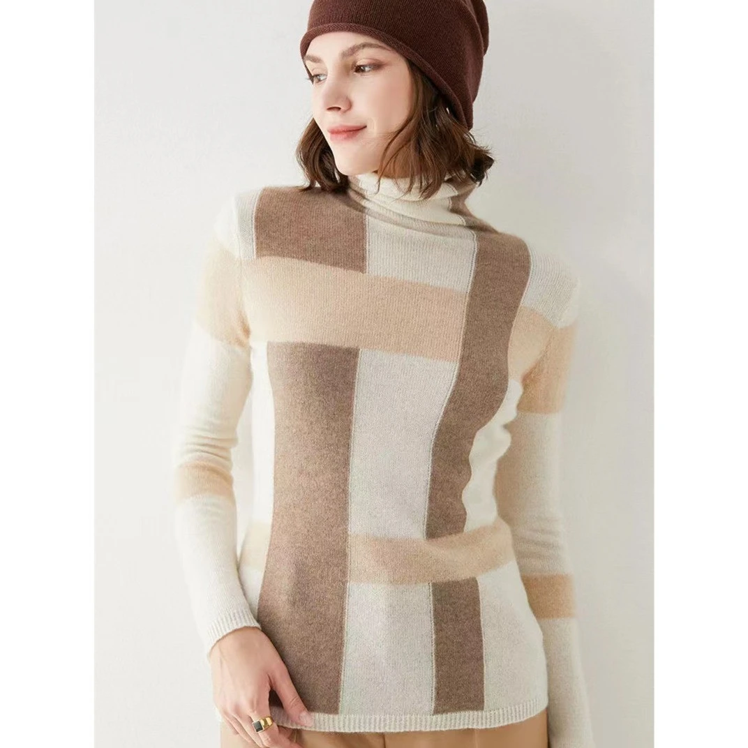 悦享女装2021秋冬新款时尚百搭修身经典堆堆领撞色拼接针织毛衣