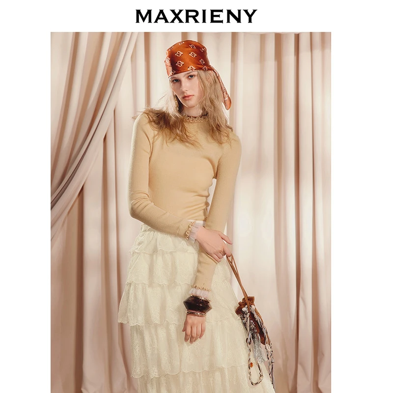 MAXRIENY极简穿搭修身长袖上衣女针织衫25秋款羊毛混纺套头毛衫