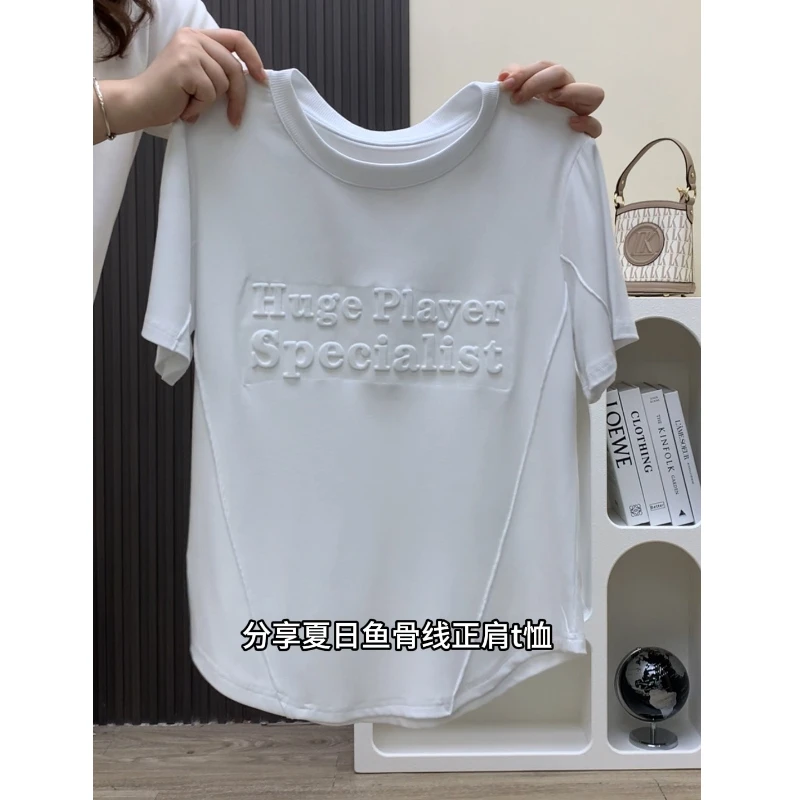 大码胖mm200斤韩系chic小众立体字母设计感正肩短袖t恤女夏季新款