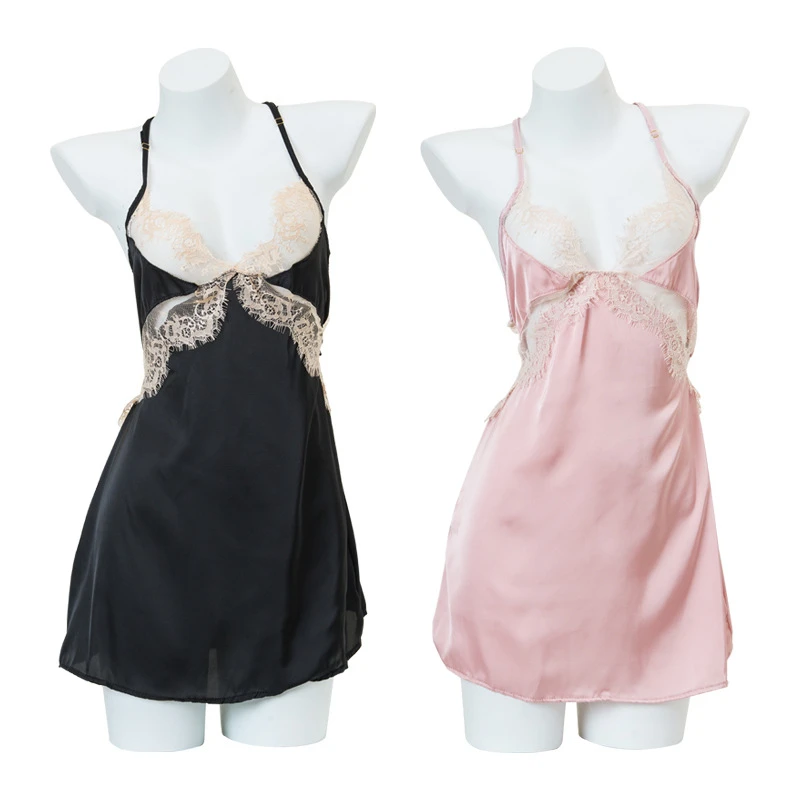 【枕小眠】{怦然心动}网红女薄款冰丝感吊带睡裙蕾丝诱人连衣裙