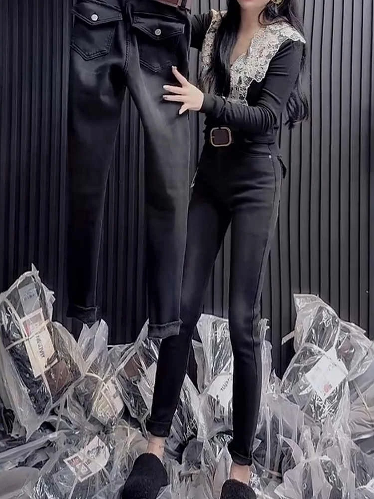 复古加绒小脚牛仔裤大码2025秋冬新款高腰显瘦弹力修身九分铅笔裤