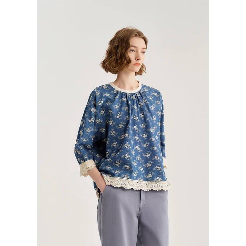 EIN/言25年春满天星复古浪漫绣花镂空花边摩登气质宽松上衣衬衫女