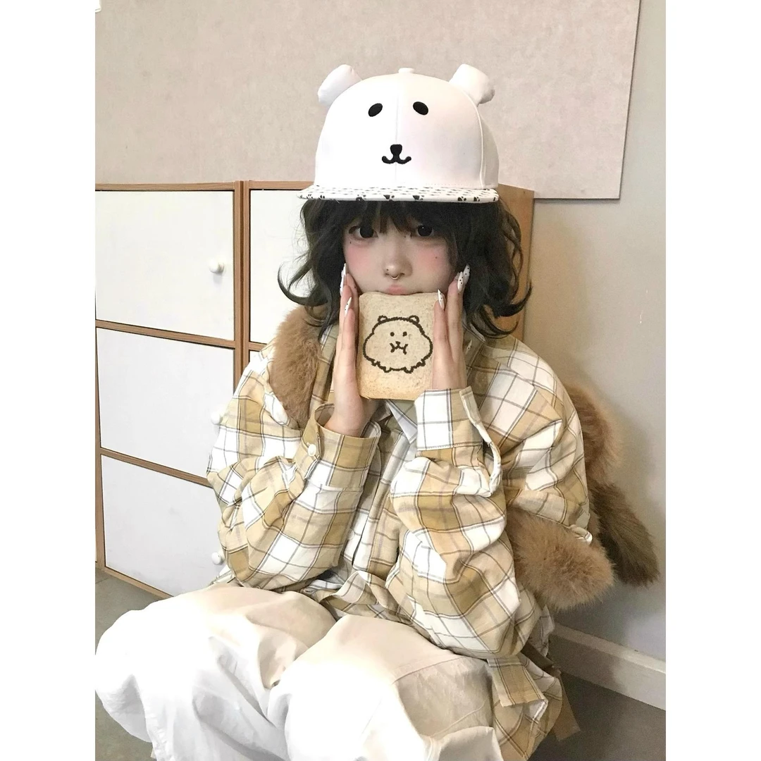 自嘲熊新款自制轻松熊纯白可爱小熊卡通动漫毛绒耳朵棒球平檐帽子