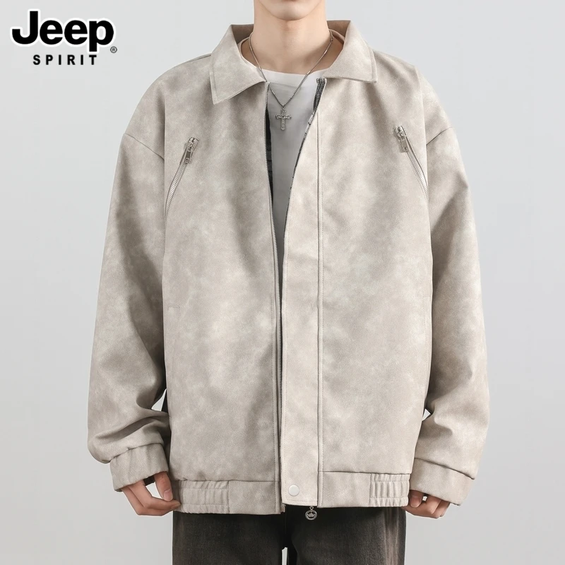 JEEPSPIRIT美式复古PU皮衣外套男士春秋季新款双面穿工装夹克防水
