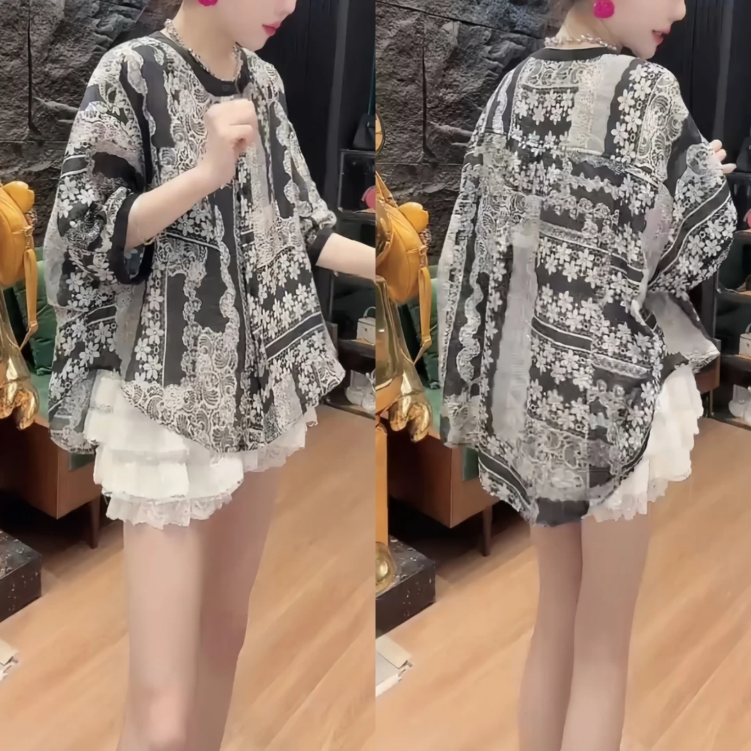 时尚复古五分袖T恤女夏季新款气质宽松显瘦圆领印花休闲百搭上衣