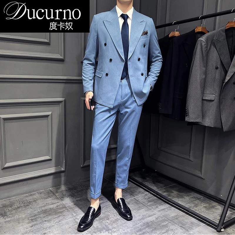 秋季蓝色条纹双排扣西装男套装商务休闲正装新郎结婚西服职业婚礼
