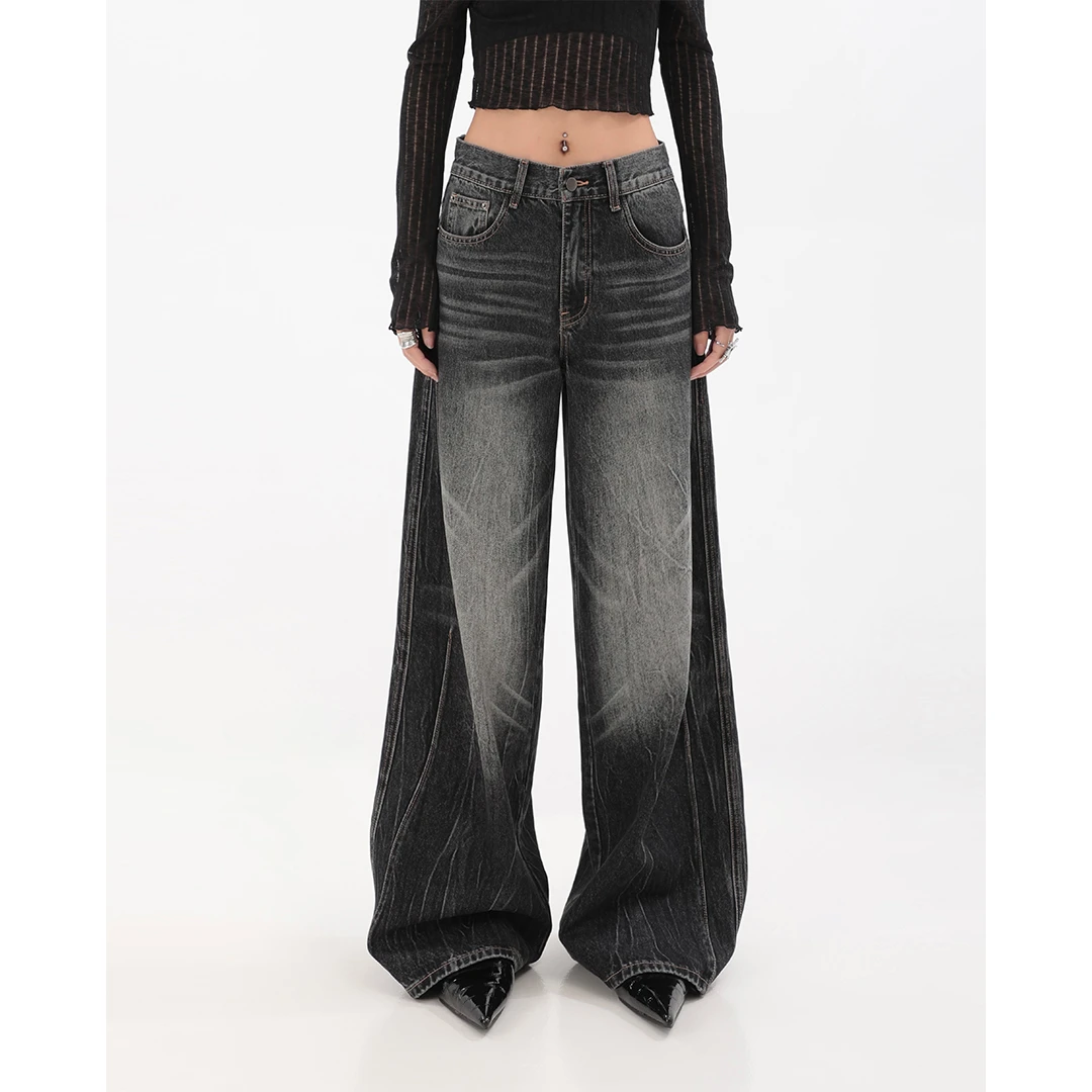 美式复古做旧直筒牛仔裤女春季小众高街黑色宽松拖地阔腿长裤子潮