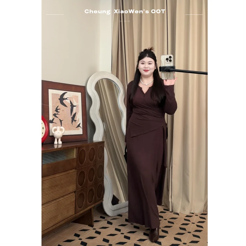 【小稳清仓】微胖大码秋冬半开领气质显瘦修身长裙连衣裙9811