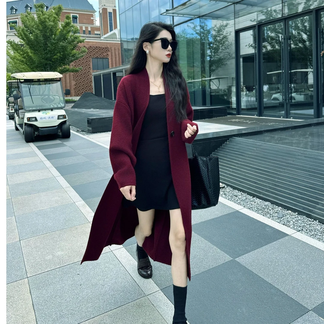 秋季新款极简宽松显瘦中长款过膝针织外套气质V领慵懒针织大衣女