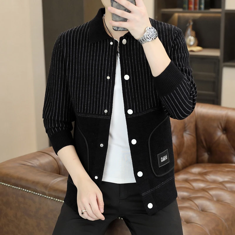 高品质针织开衫男士翻领外套春季新款时尚线衣百搭潮流男休闲上衣