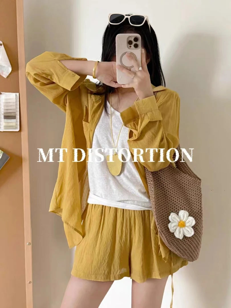 MT DISTORTION韩系简约后腰镂空系带衬衫+高腰短裤两件套装女