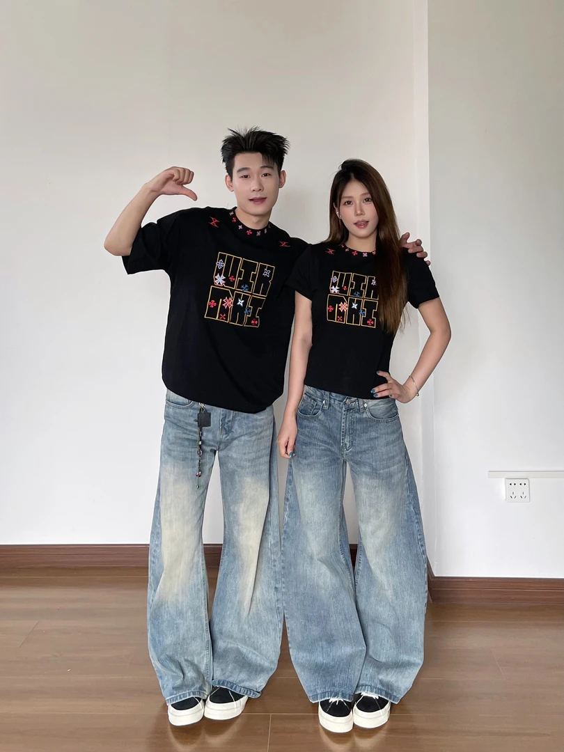 YYMDG美式复古图章刺绣正肩短袖T恤男女夏季潮牌修身显瘦短款上衣