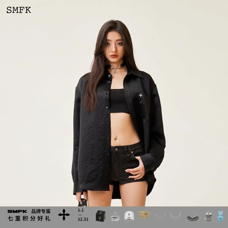 SMFK十字经典缎面阔身衬衫 CP003B1 黑色休闲百搭外套