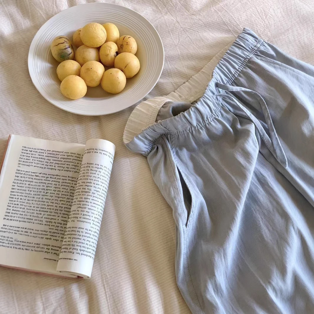 A2025夏季韩系天丝亚麻休闲裤松紧腰显瘦直筒垂感阔腿拖地宽松长